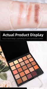 Waterproof arm swatches and macro detail of the 25-color matte and shimmer eyeshadow palette