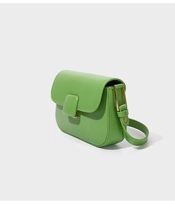 Detail view of the sage green square flap bag with covered buckle and gold hardware