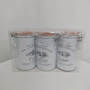 Three-piece white tinplate coffee sugar tea canister set with wooden lids and metal locks