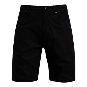 Détail de face du short en coton noir avec braguette zippée et fermeture à bouton