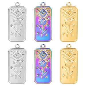 Stainless Steel Rose Sun Eye Rectangular Pendant Necklace 18K Gold Plated Rhinestone Vintage Minimalism For Women