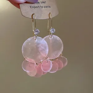 Pink shell drop earrings with zircon studs and gold finish for summer vacation style