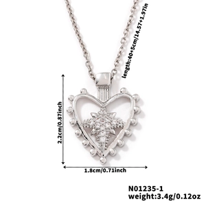 Detailed product dimensions for silver heart cross pendant necklace with zircon stones