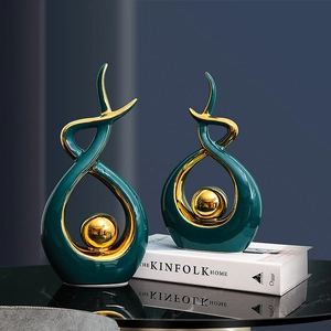Modern emerald green and gold ceramic abstract sculpture for luxury home decor