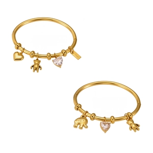 Polished 18k gold plated stainless steel bracelets with heart, bear and elephant charms