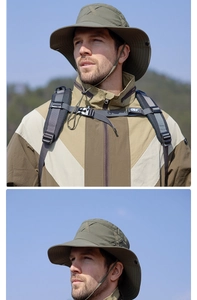 Olive green wide brim sun hat with adjustable strap for hiking and outdoor activities
