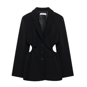 Women Black Blazer Jacket Polyester Waist Cutout Design Long Sleeve Single Breasted Elegant Commuting Chic Outerwear