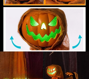 Foldable Halloween pumpkin decor featuring green light eyes and reinforced wire frame