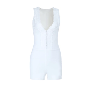 Detailed close-up of white lace trim on a sleeveless V-neck yoga romper