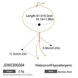 Detailed size specifications for gold Y-shaped stainless steel necklace with 2.5g weight