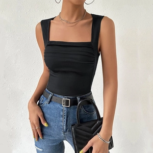 Women Ruched Tank Top Square Neck Ribbed Knit Sleeveless Slim Fit Stretchy Basic Casual Summer Solid Color Top