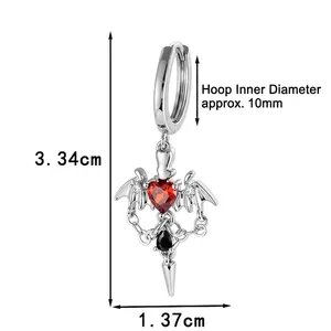 Gothic silver earrings with red heart zircon, bat wings, and black drop pendant charms