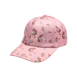 Pink kids baseball cap with colorful unicorn and lollipop prints on white background