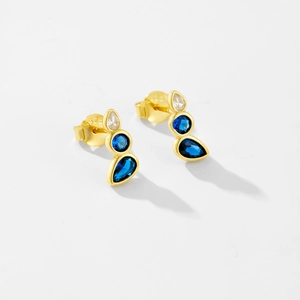 Elegant S925 sterling silver gold drop earrings with blue and white gems on white background