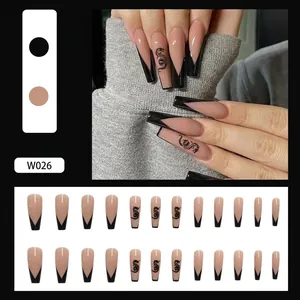 Long ballerina press on nails with French black tip and intricate dragon pattern art