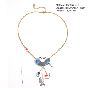 18K gold plated stainless steel crescent moon pendant necklace with blue marble texture