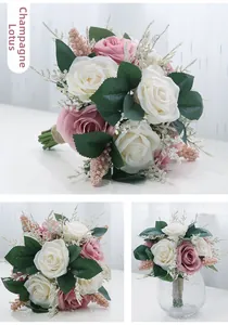 Detail of artificial rose bouquet in champagne and ivory with twine wrapped stems
