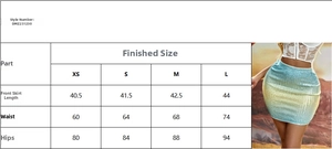 Size chart for sequin mini skirt showing waist and hip measurements in centimeters