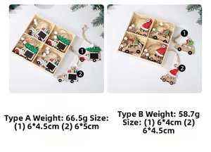 Set of two boxes featuring creative wooden Christmas car ornaments with miniature gift boxes