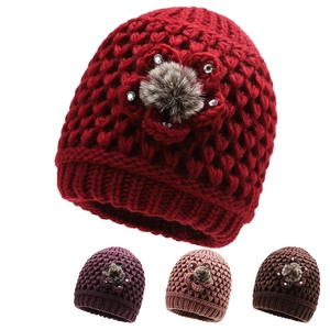 Women Winter Knitted Beanie Hat Fleece Lined Thickened Thermal Windproof Faux Fur Pom Rhinestone Flower For Elderly