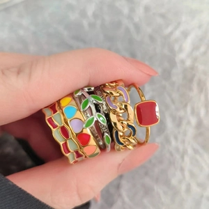 Colorful enamel dripping oil gold plated adjustable open rings in various geometric styles