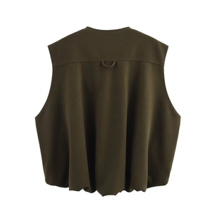 Deep olive green sleeveless loose vest for women featuring back D-ring detail on white backdrop