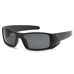 Futuristic mountain biking sunglasses with glossy black wrap-around frame and dark lenses