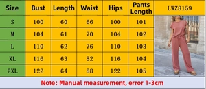 Detailed size chart for women's two-piece pants set showing bust and waist measurements