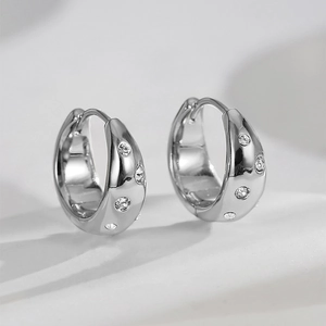 Elegant silver round hoop earrings featuring sparkling white zircon stones for women