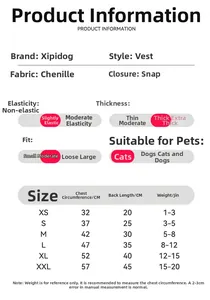 Detailed size chart for pet festive vest with chest and back length measurements