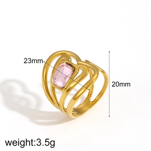 Irregular heart shaped 18k gold plated stainless steel ring with pink gemstone inlay