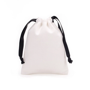 White cotton canvas drawstring pouch with black cord for gift and jewelry storage
