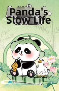 Macro detail of cartoon panda figurine sitting on bamboo raft with lotus and small duck