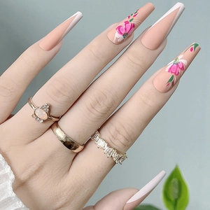 Faux Ongles Press On Long Cercueil Ballerine Rose Nude Blanc V French Tip Motif Fleur Manucure DIY Pour Femmes