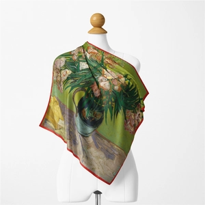 Artistic detail of Van Gogh style oil painting floral print on a silk square scarf