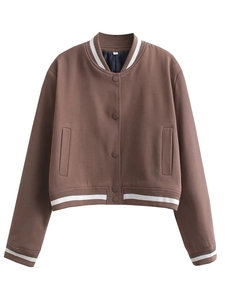 Detailed view of brown baseball jacket featuring white striped ribbed cuffs and snap buttons