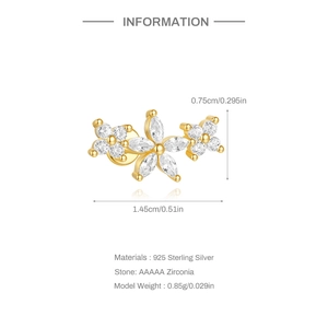Detailed view of S925 sterling silver floral earring with gold coating and AAAAA zirconia