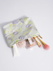 Floral jacquard makeup bag with large capacity for travel and skincare storage