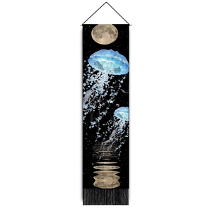 Detail of Nordic jellyfish tapestry featuring moonlit night scene and elegant bottom tassels