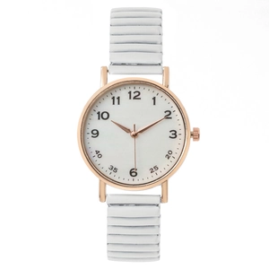 Montre minimaliste pour femme avec cadran blanc, boîtier or rose et bracelet extensible