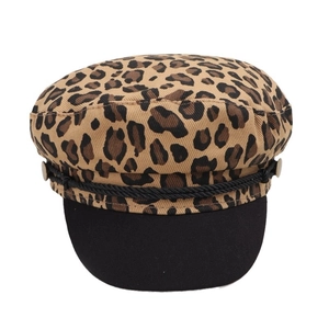 Fashionable leopard print military cap for women with black brim and decorative rope trim