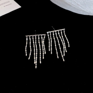 Macro shot of silver tassel earrings with beaded chains on black velvet background
