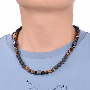 Men's 8mm Tiger Eye and Lava Stone beaded necklace with black hematite square accents