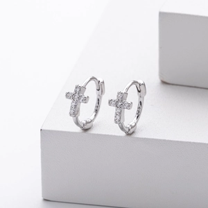 Minimalist S925 sterling silver hoop earrings with a dangling zircon cross pendant