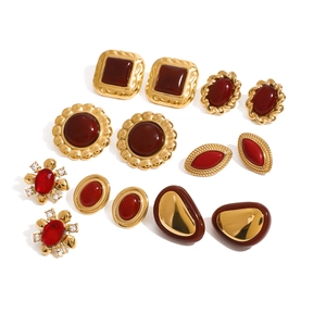 Vintage Stud Earrings Stainless Steel Red Agate Zircon Waterproof Hypoallergenic Retro Geometric Jewelry For Women