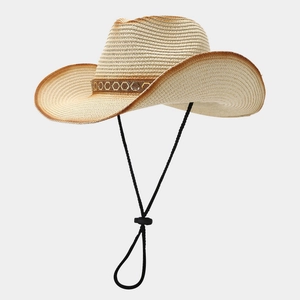 Chapeau De Cow-Boy En Paille Pour Femmes Protection Solaire Décoration Strass Bord Dégradé Corde Coupe-Vent Réglable Plage