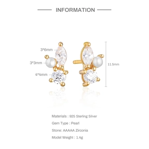 Detailed view of S925 silver pearl earrings with zircon size measurements and 11.5mm height