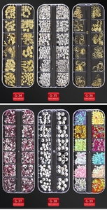 Detailed sets of mixed nail art jewelry with studs and pearls in 12-grid storage boxes