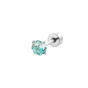 Polished silver screw back stud earring with a 4mm faceted blue-green zircon gemstone