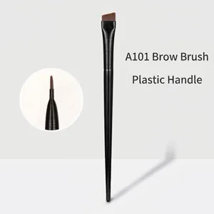 Detail of angled brow brush A101 with plastic handle showing fine bristles and tip
